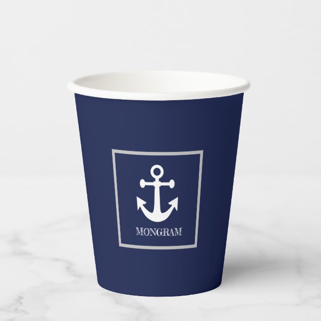 Nautic Navy Blue Willkommensschiff Name Anchor Pappbecher (Vorderseite)