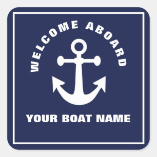 Nautic Navy Blue Willkommensschiff Name Anchor Quadratischer Aufkleber