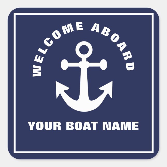 Nautic Navy Blue Willkommensschiff Name Anchor Quadratischer Aufkleber (Vorderseite)