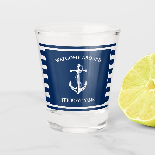 Nautic Navy Blue Willkommensschiff Name Anchor Schnapsglas (Vorderseite)