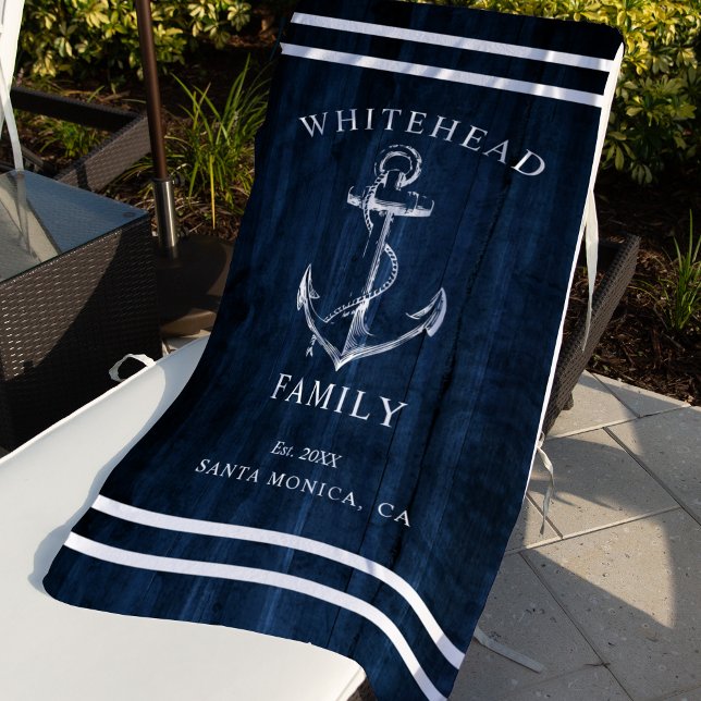 Nautic Navy Blue Wood Custom Family Anchor Strandtuch (Nautical anchor custom family vacation towel. Personalize each towel with your details.)