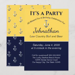 Nautic Navy Blue Yellow Anchor Geburtstagsparty Einladung
