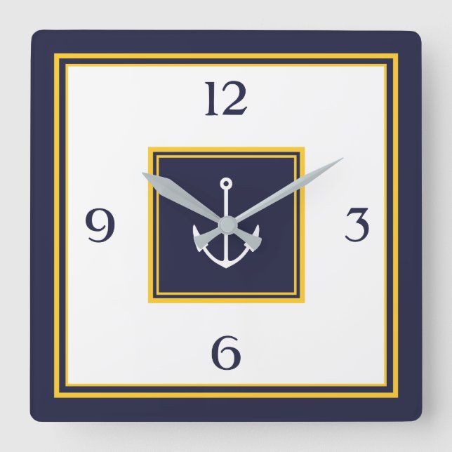Nautic Navy Blue Yellow Anchor Square Wall Clock Quadratische Wanduhr (Vorderseite)