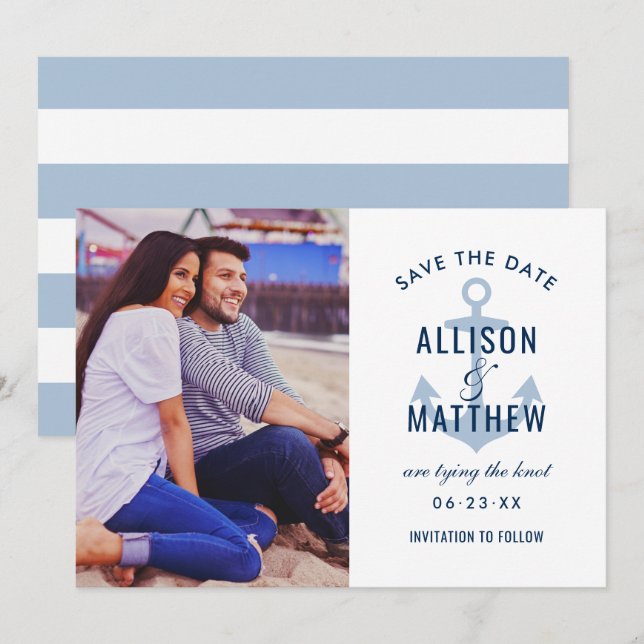 Nautic Navy Dusty Blue Anchor Wedding Foto Save The Date (Vorne/Hinten)