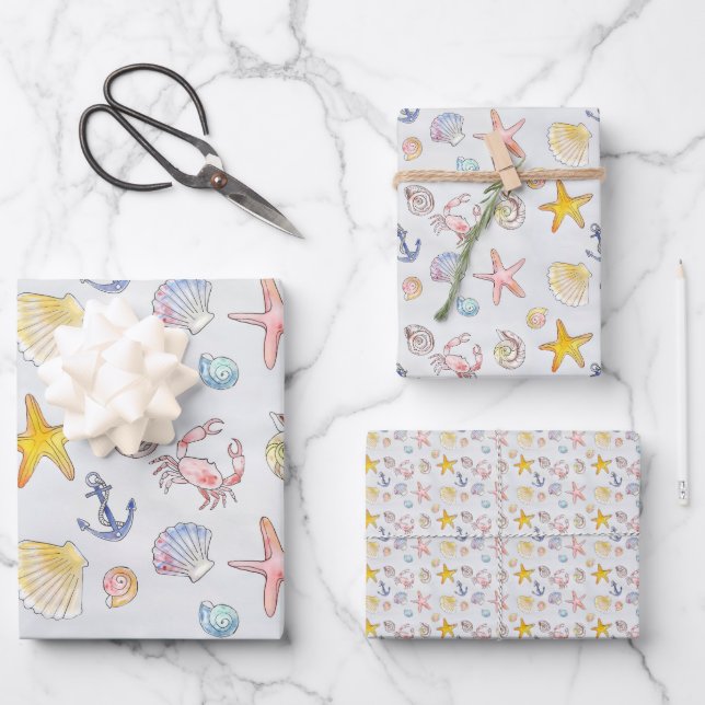 Nautic Ocean Beach Pastel Starfish Seashell Geschenkpapier Set (Vorderseite)