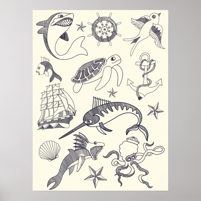 Nautic Old Sailor Tattoos Collage Poster (Vorne)