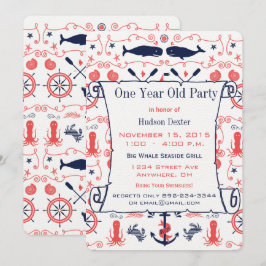 Nautic One Year Old Birthday Coral Navy Einladung