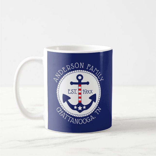 Nautic Patriotic Anchor Family Name Navy Blue Kaffeetasse (Links)