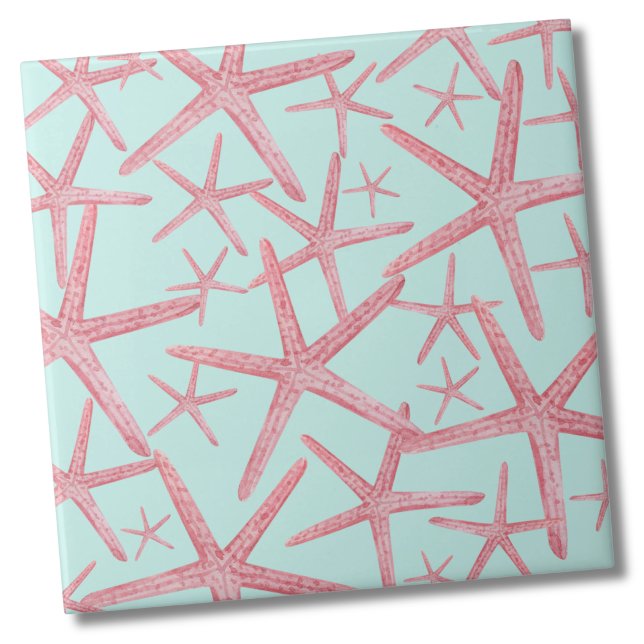 Nautic Pattern Starfish Beach House Fliese (Teal Pink Nautical Starfish Sea Beach Pattern Ceramic Tile)