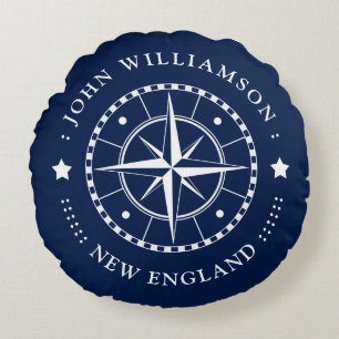 Nautic Pillow Compass Abzeichen Blue White Nautic Rundes Kissen