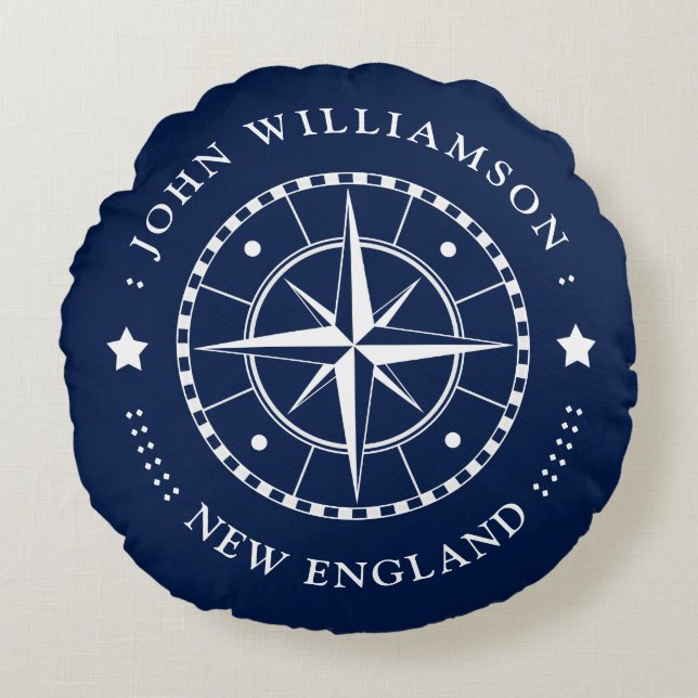 Nautic Pillow Compass Abzeichen Blue White Nautic Rundes Kissen (Vorderseite)
