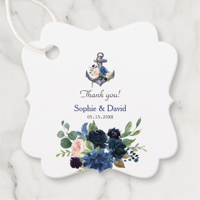 Nautic Pink Blush Blue Floral Anchor Hochzeit Geschenkanhänger (Vorderseite)