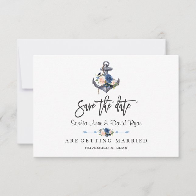 Nautic Pink Blush Blue Floral Anchor Hochzeit Save The Date (Vorderseite)
