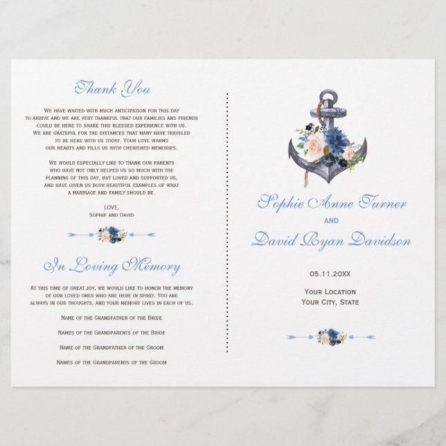 Nautic Pink Blush Blue Floral Ankerprogramm Flyer (Vorne)