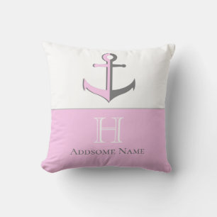Nautic Pink Gray Anchor Coastal Mit Monogramm Kissen