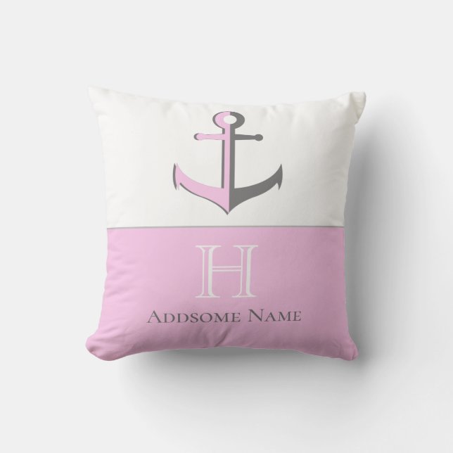 Nautic Pink Gray Anchor Coastal Mit Monogramm Kissen (Vorderseite)