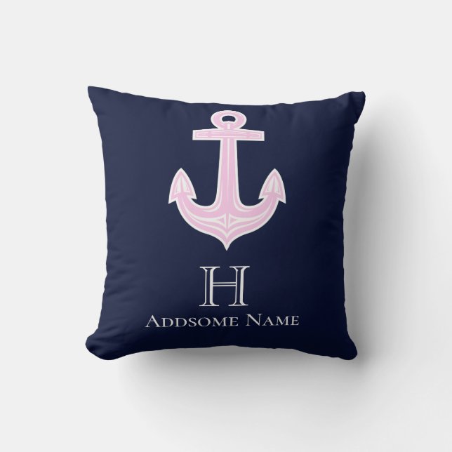Nautic Pink Gray Anchor Coastal Mit Monogramm Kissen (Vorderseite)