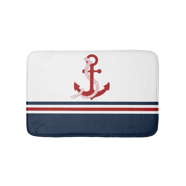 Nautic Red Anchor Red White Blau Streifen Badematte (Vorderseite)