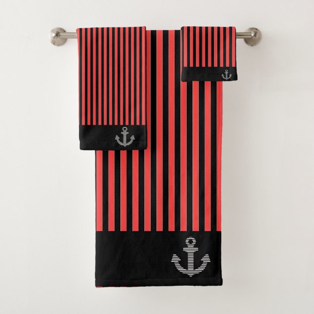 Nautic Red Black Stripe Anchor verbannt Badhandtuch Set (Insitu)