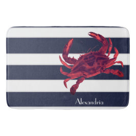 Nautic Red Crab Navy Blue White Stripes Badematte