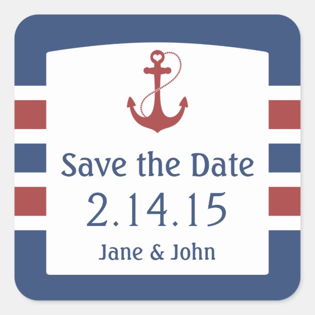 Nautic Red Heart Anchor Save the Date Quadratischer Aufkleber (Vorderseite)