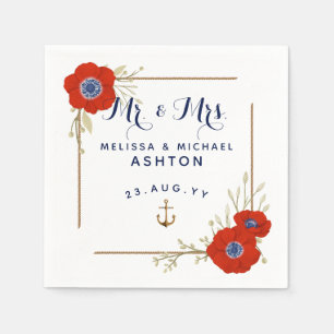Nautic ⚓ Red White & Blue Anemone Dated Wedding Serviette