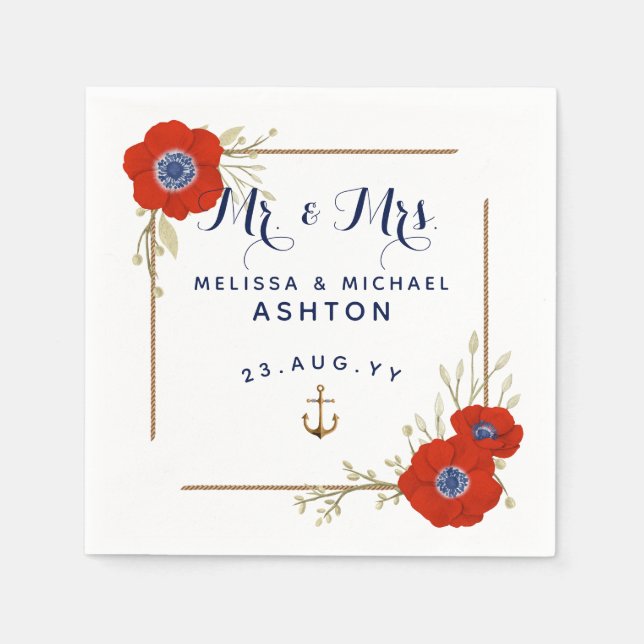 Nautic ⚓ Red White & Blue Anemone Dated Wedding Serviette (Vorderseite)