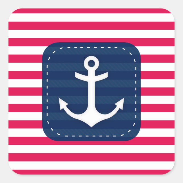 Nautic Red White Stripes Navy Blue Banner Anker Quadratischer Aufkleber (Vorderseite)
