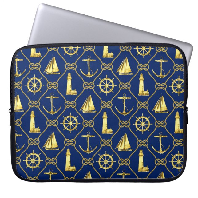 Nautic Rope Anchor Sailboat Navy Blue Gold Laptopschutzhülle (Vorderseite)