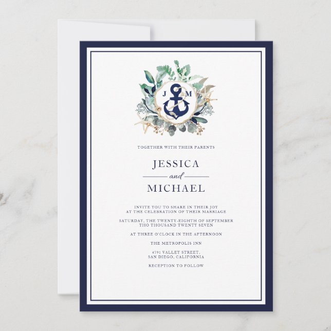 Nautic Rustic Watercolor Navy Anchor Wedding Einladung (Vorderseite)