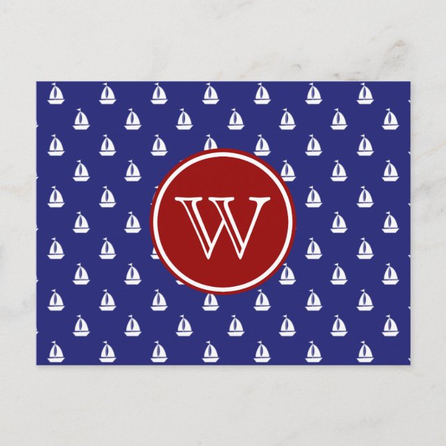 Nautic Sail Away auf Blue mit Red Monogram Postkarte (Vorderseite)