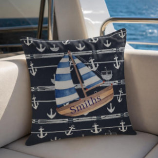 Nautic Sailboat & Anchor Navy Blue Kissen
