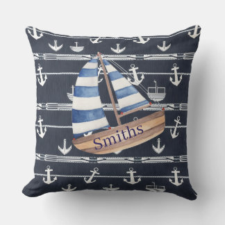 Nautic Sailboat & Anchor Navy Blue Kissen