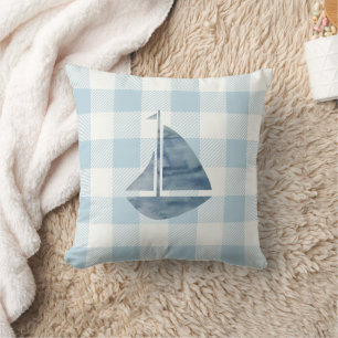 Nautic Sailboat Blue Gingham Karo Kissen