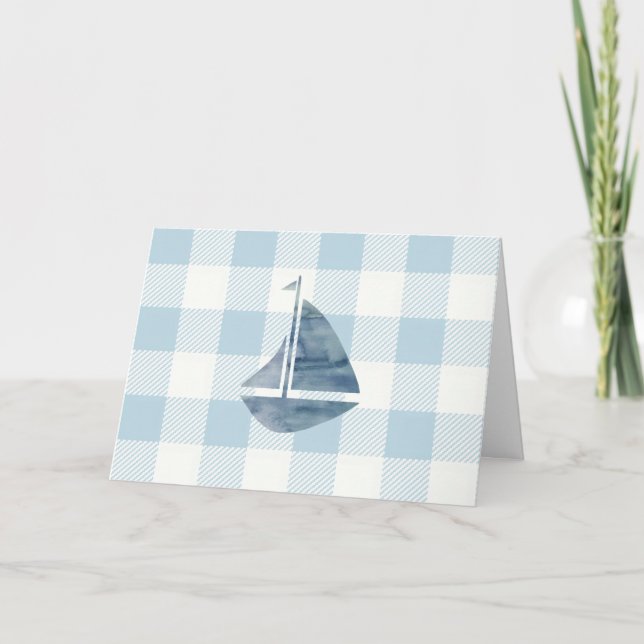Nautic Sailboat Blue Gingham Pattern Karte (Vorderseite)