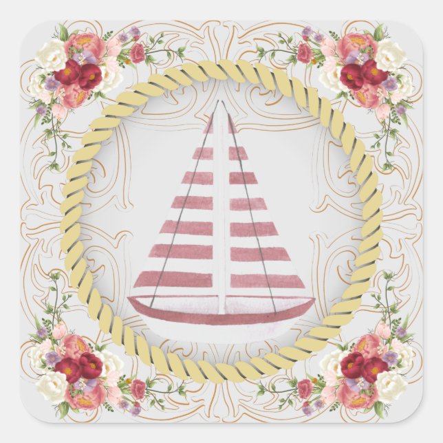 Nautic Sailboat & Floral Roseate Quadratischer Aufkleber (Vorderseite)