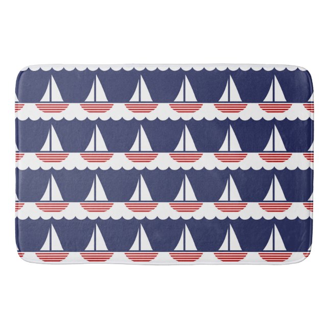Nautic Sailboat Pattern Navy Blau und Rot Badematte (Vorderseite)