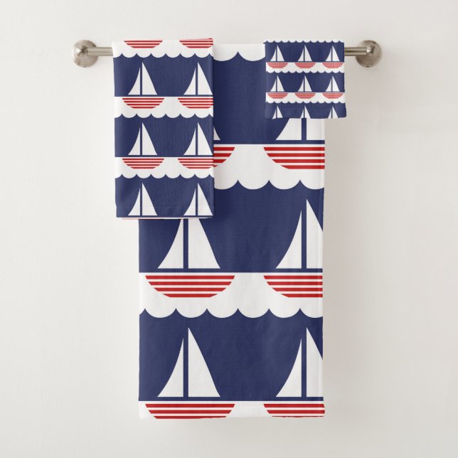 Nautic Sailboat Pattern Navy Blau und Rot Badhandtuch Set (Insitu)