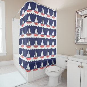 Nautic Sailboat Pattern Navy Blau und Rot Duschvorhang