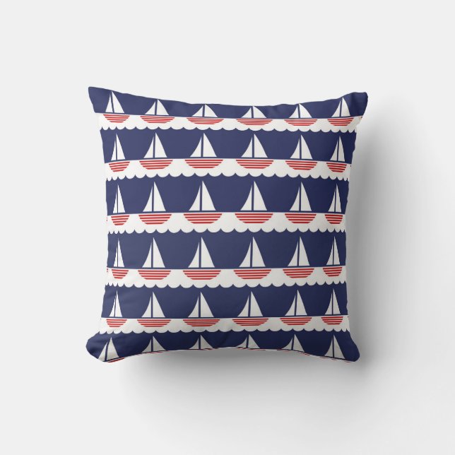 Nautic Sailboat Pattern Navy Blau und Rot Kissen (Vorderseite)