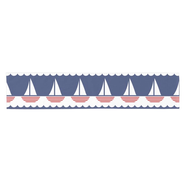 Nautic Sailboat Pattern Navy Blau und Rot Kurzer Tischläufer (Horizontal)