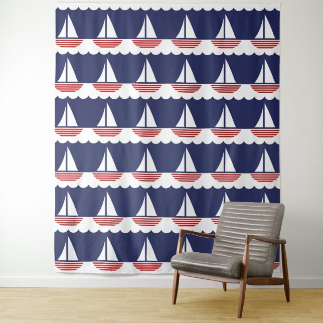 Nautic Sailboat Pattern Navy Blau und Rot Wandteppich (Beispiel)