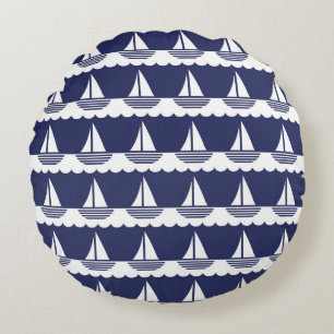 Nautic Sailboat Pattern Navy Blau und Weiß Rundes Kissen