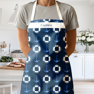 Nautic Sailing Boat Anchor Lifebuoy Navy Blue Schürze