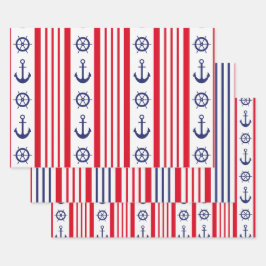 Nautic Sailing Red White Stripes Anchor Geschenkpapier Set