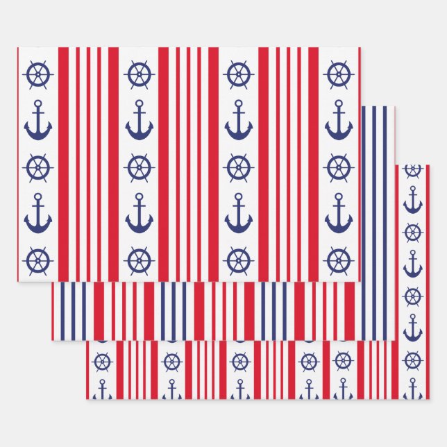 Nautic Sailing Red White Stripes Anchor Geschenkpapier Set (Set)