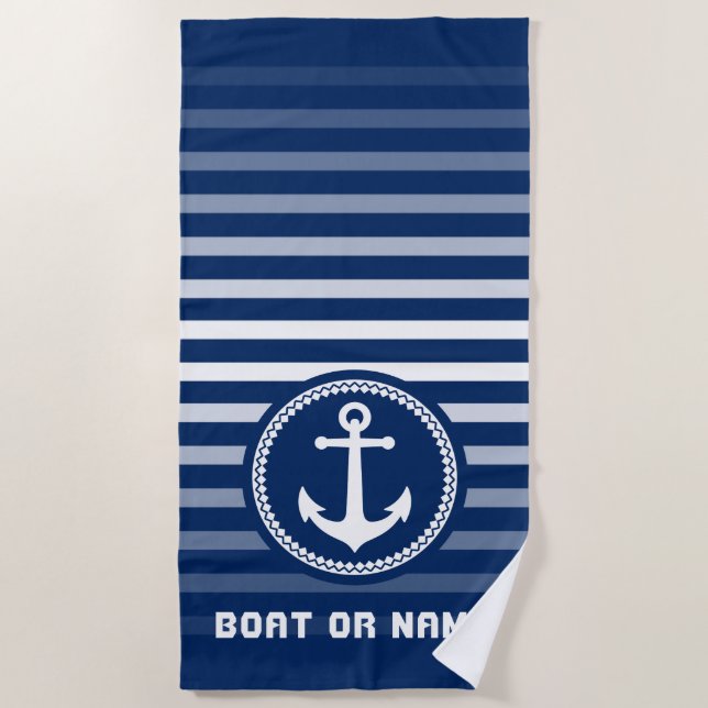 Nautic Sea Anchor Ihr Name oder Boot Navy Blue Strandtuch (Vorderseite)