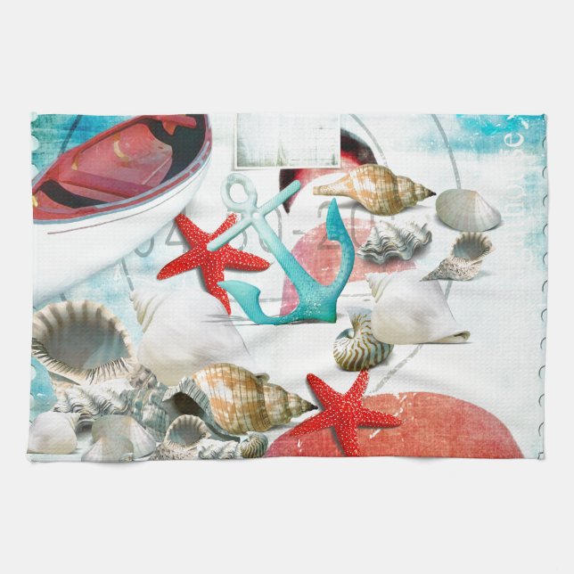 Nautic Seashells Anchor Starfish Beach Thema Geschirrtuch (Horizontal)