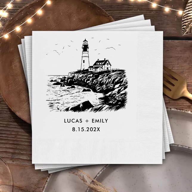 Nautic Seaside Lighthouse Dark Black Wedding Serviette (Von Creator hochgeladen)