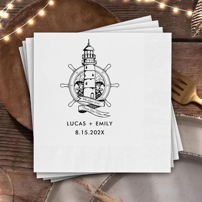 Nautic Seaside Lighthouse Dark Black Wedding Serviette (Von Creator hochgeladen)